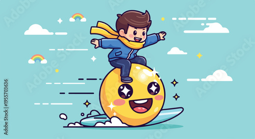 A cartoon boy wearing a blue outfit and yellow cape riding a smiling yellow emoticon through a light blue sky with clouds and rainbows.