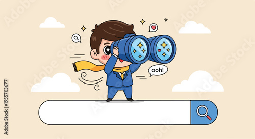 Cartoon businessman character holding large cryptocurrency coins and megaphone on a search bar with a light background and clouds conveying a playful mood.