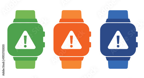 Flat lay of three colorful smartwatches with warning signs on a white background, conveying caution.