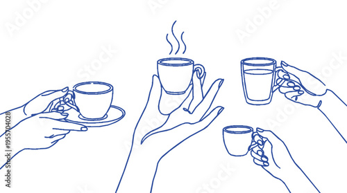Hands holding minimalistic caf cups and glasses with steam ultraclean blue line art style casual gathering concept