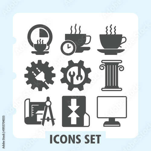 Coffee break timer, power plug, project modern icons set showcasing daily tools and technology in solid style for web apps and print on white background. Vector graphics. Set of nine glyph icons.