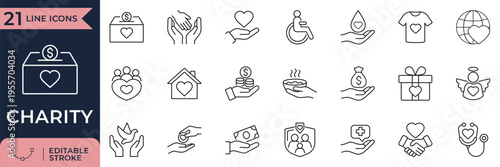 Charity line icons for donation, support, care, and humanitarian service UI.
