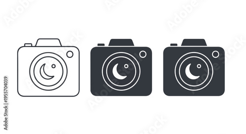 Three camera icons in different shades on a white background, line drawing and two filled versions.