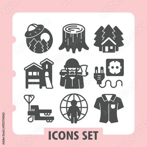 Forest, house, forklift loader modern icons set with warehouse, energy, forestry items in solid style for web apps and print on white background. Vector graphics. Set of nine glyph icons.