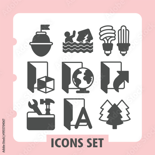 Buoy, folder, toolbox modern icons set representing ideas, data, tools and innovation items in solid style for web apps and print on white background. Vector graphics. Set of nine glyph icons.