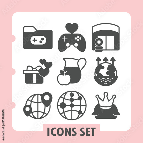 Games folder, giftbox, globe modern icons set featuring food, travel and rewards items in solid style for web apps and print on white background. Vector graphics. Set of nine glyph icons.