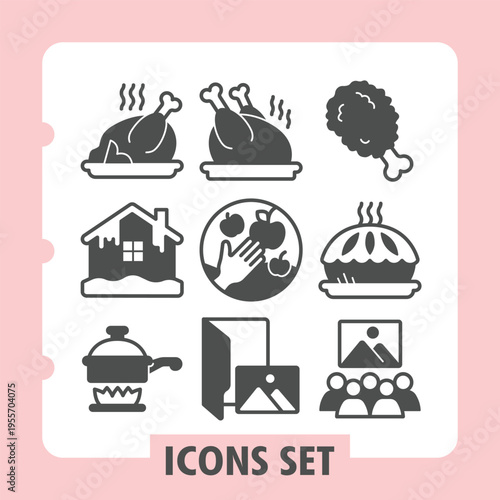Grilled chicken, house, bowl modern icons set depicting household, cooking, travel items in solid style for web apps and print on white background. Vector graphics. Set of nine glyph icons.