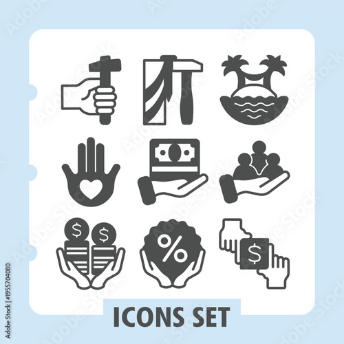 Hammer, hamsa hand, money modern icons set depicting essential tools, finance and services items in solid style for web apps and print on white background. Vector graphics. Set of nine glyph icons.