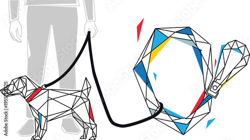Low poly dog walking with owner silhouette, geometric pet on leash, abstract polygonal vector illustration modern design concept