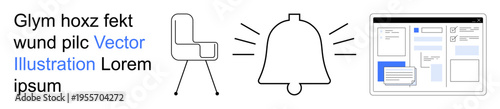 Notifications, reminders, interface design, web development, digital alerts, modern workspace. Line icons a chair, alert bell and browser interface layout. Notifications and reminders concept