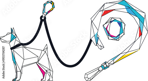 Low poly dog with leash, abstract geometric pet illustration with colorful lines, modern polygonal vector design concept