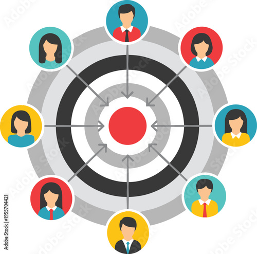 Target audience concept with people icons around bullseye, customer segmentation and marketing strategy flat vector illustration
