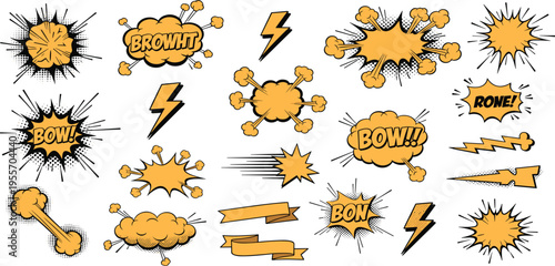 Comic Explosion and Speech Bubble Vector Set with Retro Pop Art Effects, Lightning Bolts, Boom Pow Bang Elements for Dynamic Design Projects