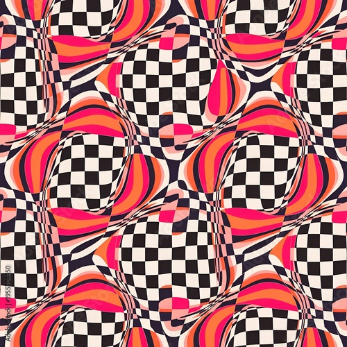 Seamless Psychedelic Checkerboard Waves Pattern with Vibrant Pink Orange and Black Retro Abstract Design.