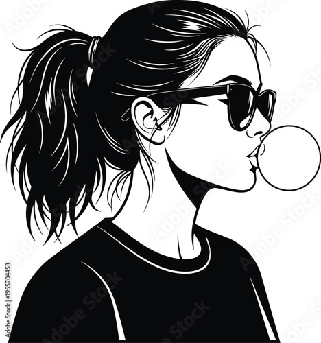 Black and white of a woman blowing bubble gum bubble wearing sunglasses and ponytail