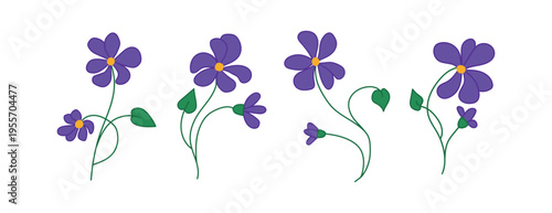 Set of beautiful purple flowers. Stylized pansy flowers. Isolated on a white background.