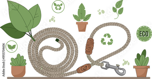 Eco friendly dog leash made from natural materials, sustainable pet accessory with plants and recycle symbols, flat vector illustration