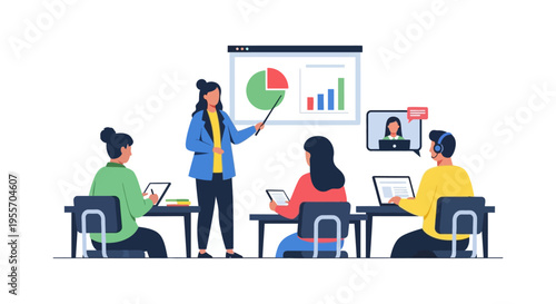 Corporate Training: Instructor Presenting Data Charts in a Hybrid Business Meeting Environment