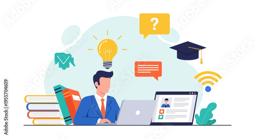 Professional Man Taking Online Course via Laptop. E-Learning, Remote Education, and Digital Knowledge Acquisition Concept Illustration with Books and Graduation Symbols.