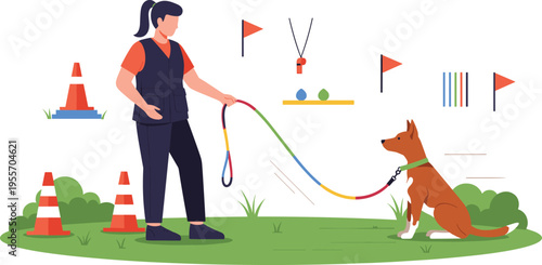 Dog training session with handler and leash, obedience practice in park with cones and equipment, flat vector illustration concept