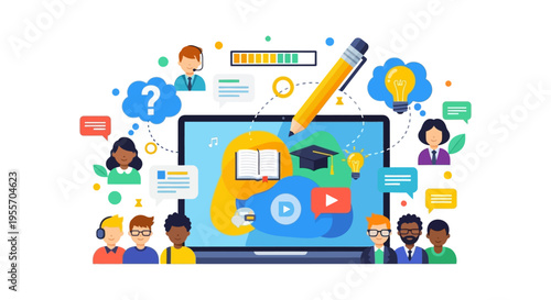 E-Learning Platform Concept: Online Education and Digital Course Ecosystem. Diverse Students Interacting via Laptop, Lessons, and Multimedia Content.