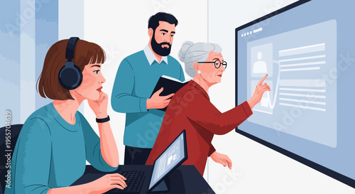 Intergenerational Team Learning Digital Technology. Diverse Colleagues Collaborating, Senior Woman Pointing at Large Interactive Screen.