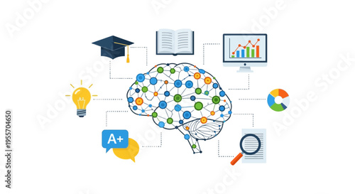 Brain Network Diagram for Learning, Data Analysis, and Idea Generation. Education, Memory, and Cognitive Function Mind Map Concept.