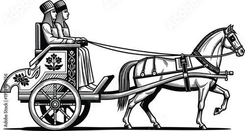 Black and white of two women in ancient clothing riding in a horse drawn carriage