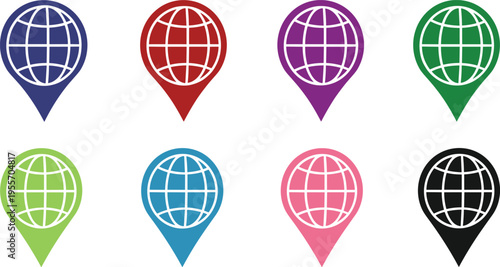 Global Location Pin Icon Set with Globe Symbols for World Map Navigation, International Travel, Geolocation Services, and Digital Mapping Design
