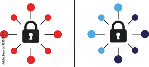 Network Security Lock Icon Set with Connected Nodes Symbols for Data Protection, Cyber Safety, Access Control, and Digital Encryption System Design