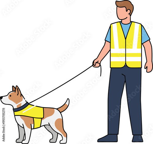 Guide dog with handler wearing safety vest, assistance animal on leash, accessibility support concept flat vector illustration