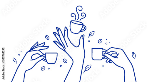 Hands holding cups of coffee with steam in a modern illustrative style with bold blue tones and leaf accents