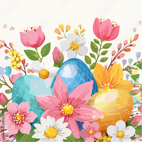 Floraler Osterhintergrund mit Blüten und Eiern