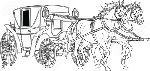 Horse drawn carriage with two horses vehicle transportation