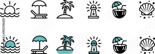 Beach icons set, summer vacation elements, tropical island, lighthouse, sunset, coconut drink, seaside outline vector illustration collection