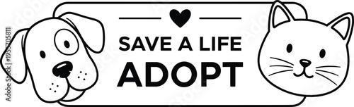Pet Adoption Banner with Dog and Cat Illustration for Animal Rescue Awareness, Save a Life Message, Shelter Promotion, and Humane Care Campaign Design