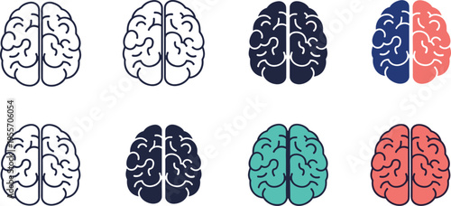 Human Brain Icon Set Line and Color Variations Neuroscience Mind Intelligence Symbols Collection Isolated on White Background