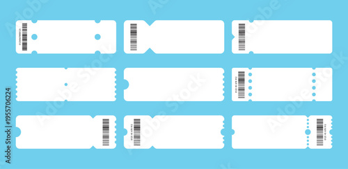 Set of white blank tickets mockup. Empty flat template Tickets. For cinema, sale coupon, circus, theater, festival. Minimalist coupons set. Isolated background	