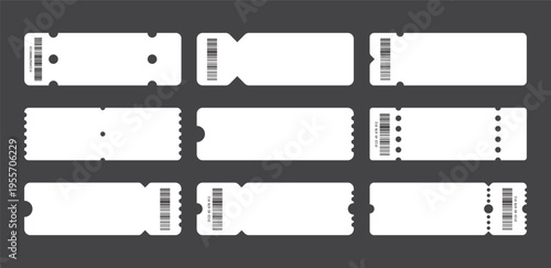 Set of white blank tickets mockup. Empty flat template Tickets. For cinema, sale coupon, circus, theater, festival. Minimalist coupons set. Isolated background	