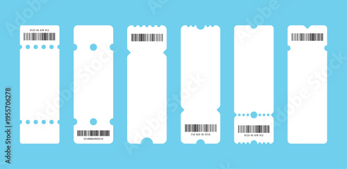 Set of white blank tickets mockup. Empty flat template Tickets. For cinema, sale coupon, circus, theater, festival. Minimalist coupons set. Isolated background	