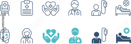 Healthcare icons set, medical staff, patient care, hospital treatment, doctor nurse services outline vector illustration collection