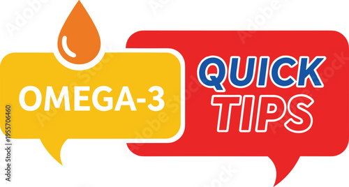 Omega 3 Quick Tips Badge Illustration with Nutrition Supplement Label and Health Advice Speech Bubble for Wellness Promotion and Medical Marketing Design