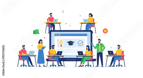 Massive Open Online Course (MOOC) Illustration. Group of Students and Teachers Participating in E-Learning, Webinar, or Remote Distance Education.