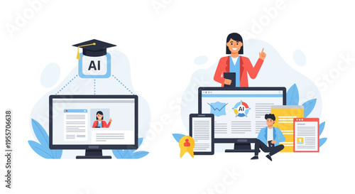 Artificial Intelligence Education Concept. AI Powered Online Learning, Data Science Course, and Digital Training Platform Vector Illustration.