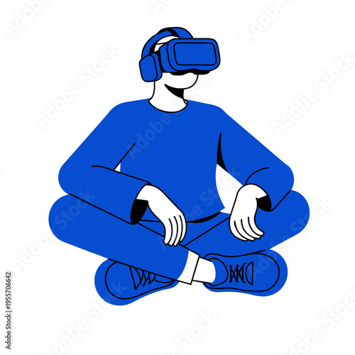 Man sitting cross-legged and using virtual reality headset  