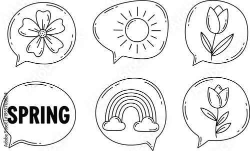 Spring Speech Bubble Icon Set with Flower Sun Rainbow Symbols for Seasonal Greeting, Nature Illustration, Floral Decoration, and Creative Outline Design