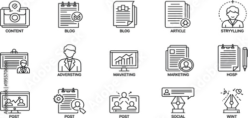 Digital Marketing Line Icon Vector Set Featuring Content, Blog, Article, Advertising, Social Media, and Analytics Symbols for Online Business and Media Design