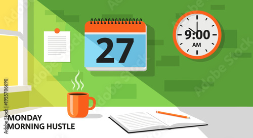 illustration of desk lamp, calendar, clock, and laptop with lightbulb ideas