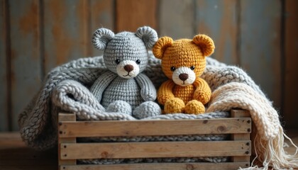 Two knitted teddy bears, one grey one yellow, sit in a rustic wooden crate surrounded by soft, warm knitted blankets. Perfect for autumn or winter themed photos.