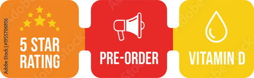 Marketing Coupon Badge Icon Set with Five Star Rating, Pre Order Announcement, and Vitamin D Label Symbols for Promotional Campaign Design